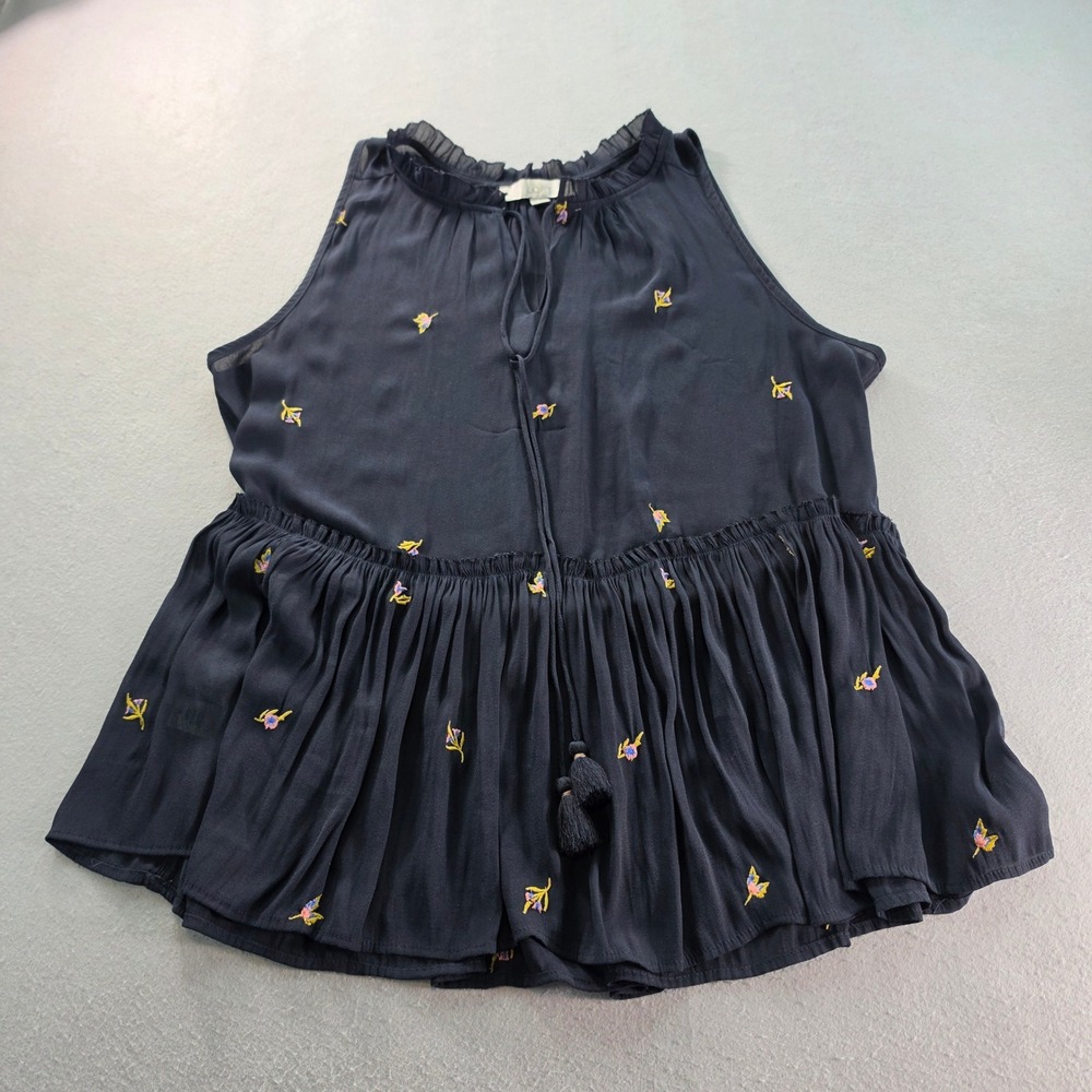 LOFT Navy Floral Embroidered Peplum Tank Top Large Boho Cottagecore